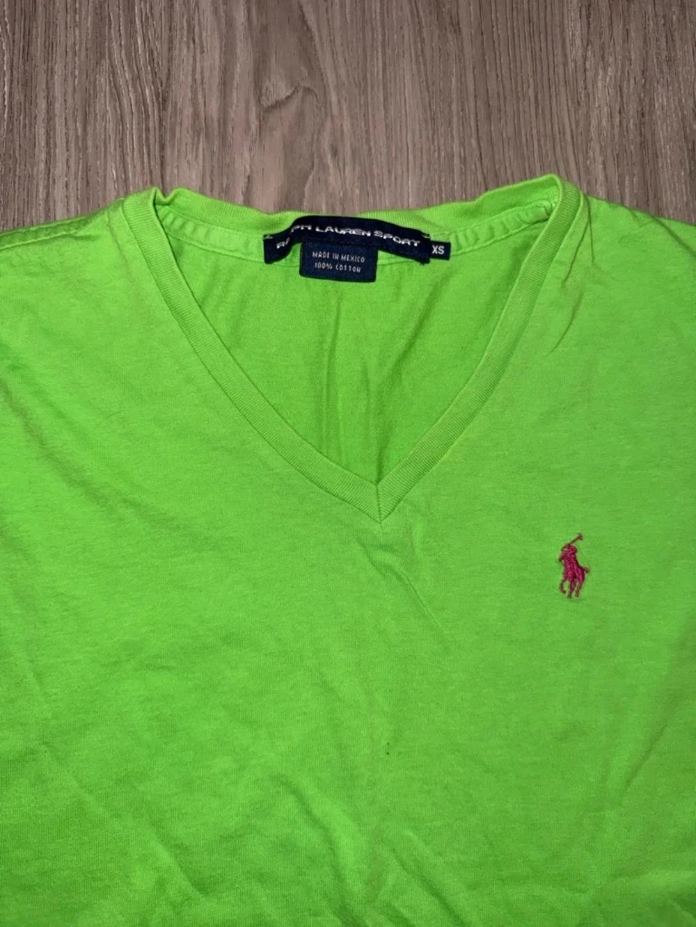 Ralph Lauren Neon Green V-Neck Tee with Pink Pony - Picture 2 of 2